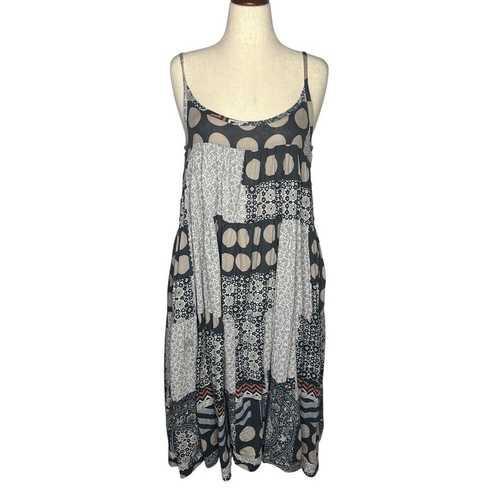 Patchwork Midi Dress Womens M Gray Mixed Print Lagenlook Boho Flowy Polka Dot